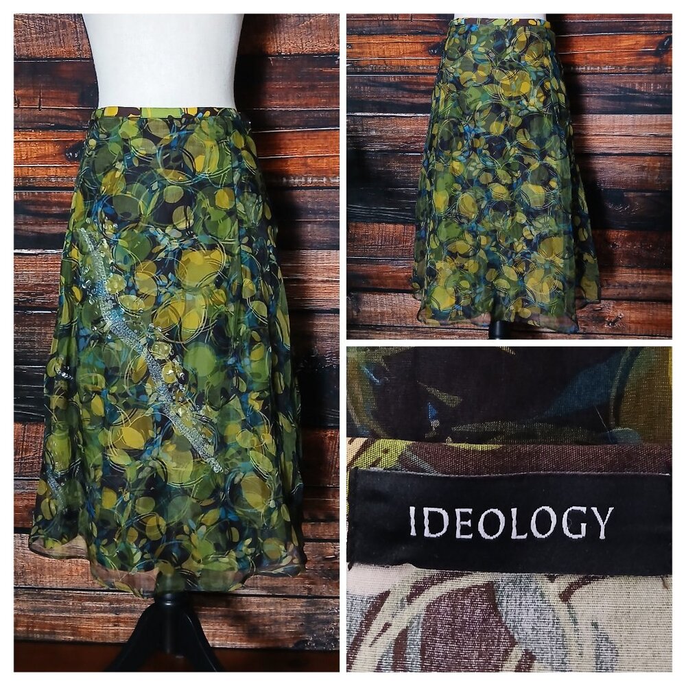 Ideology Skirt 4 Midi Bohemian Silk Overlay Sequin Cotton Underlay Side Zip